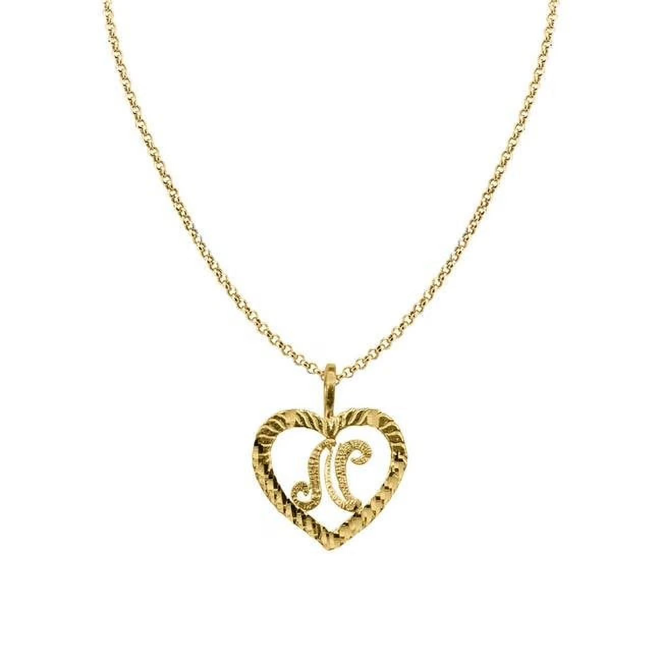 14K Yellow Gold Diamond-Cut Heart-Shaped Initial Letter N Pendant with Rolo Chain A771