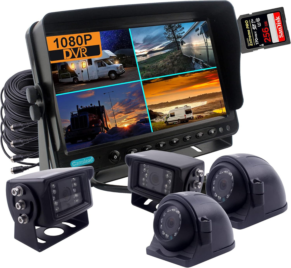 9 inch 1080P Backup Camera System with DVR Recorder, Quad Split Screen, Car Monitor + 2X Waterproof Reversing Cameras + 2X Safety Sides Camera T4297