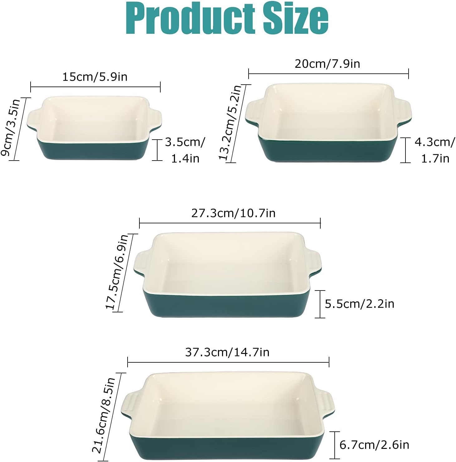 Ceramic Baking Dish Set of 4 Pcs, Rectangular Porcelain Bakeware, 14.7 x 8.5 x 2.6 Inches O7072