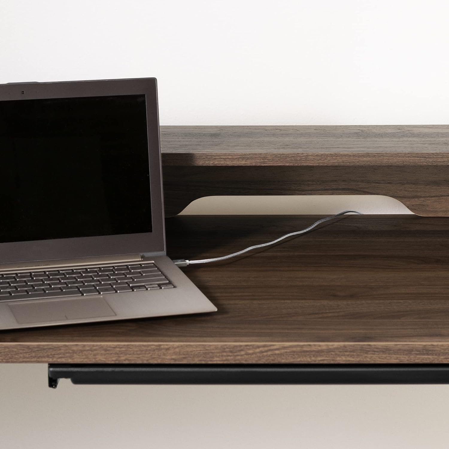 Adjustable Height Standing Desk with Built in Power Bar Natural Walnut, Matte Black Q636490