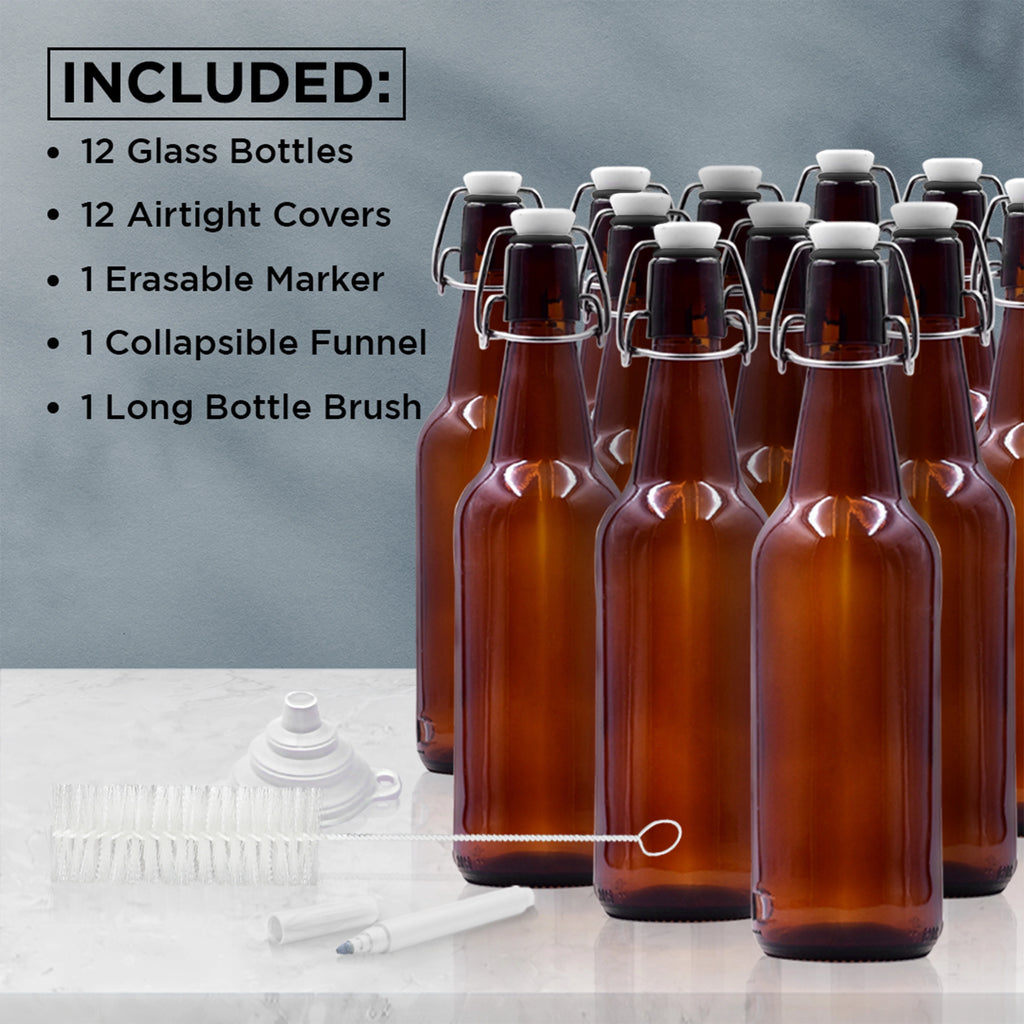 16 oz Amber Glass Beer Bottles with Funnel, Brush and Marker O166701
