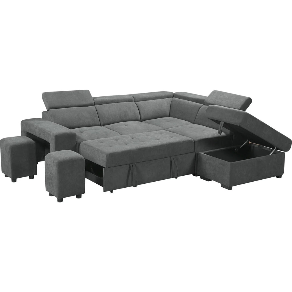 Light Gray Sleeper Sectional Sofa with Storage Ottoman and 2 Stools F682156