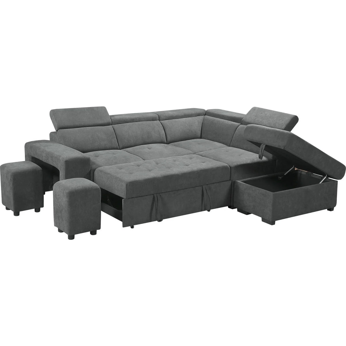 Light Gray Sleeper Sectional Sofa with Storage Ottoman and 2 Stools F682156