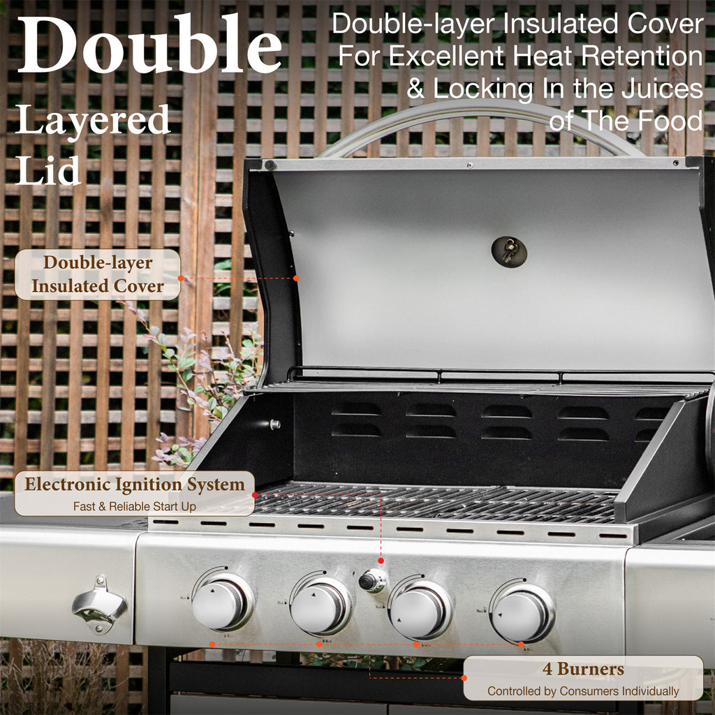 4 Burner Propane Gas Grill with Side Burner Stainless Steel I573