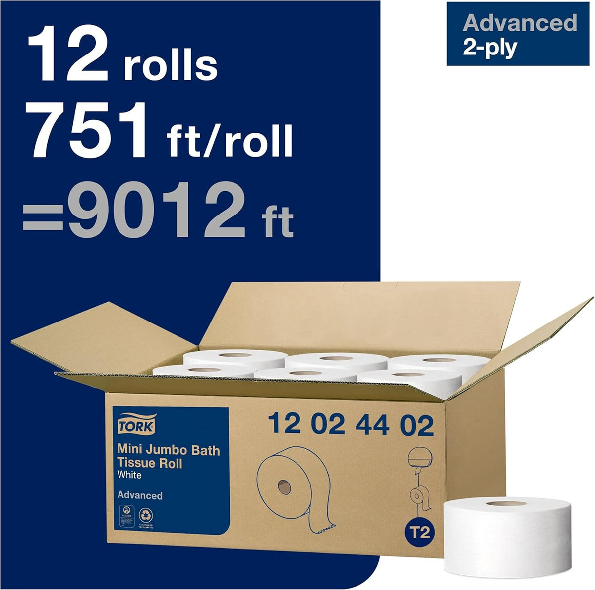 Mini Jumbo Bath Tissue Roll, 2-Ply, White, 12 Rolls, Pack of 2 X723
