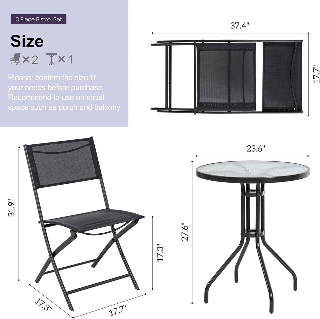 3 Piece Steel Textilene Folding Patio Bistro Set with Glass Table W249