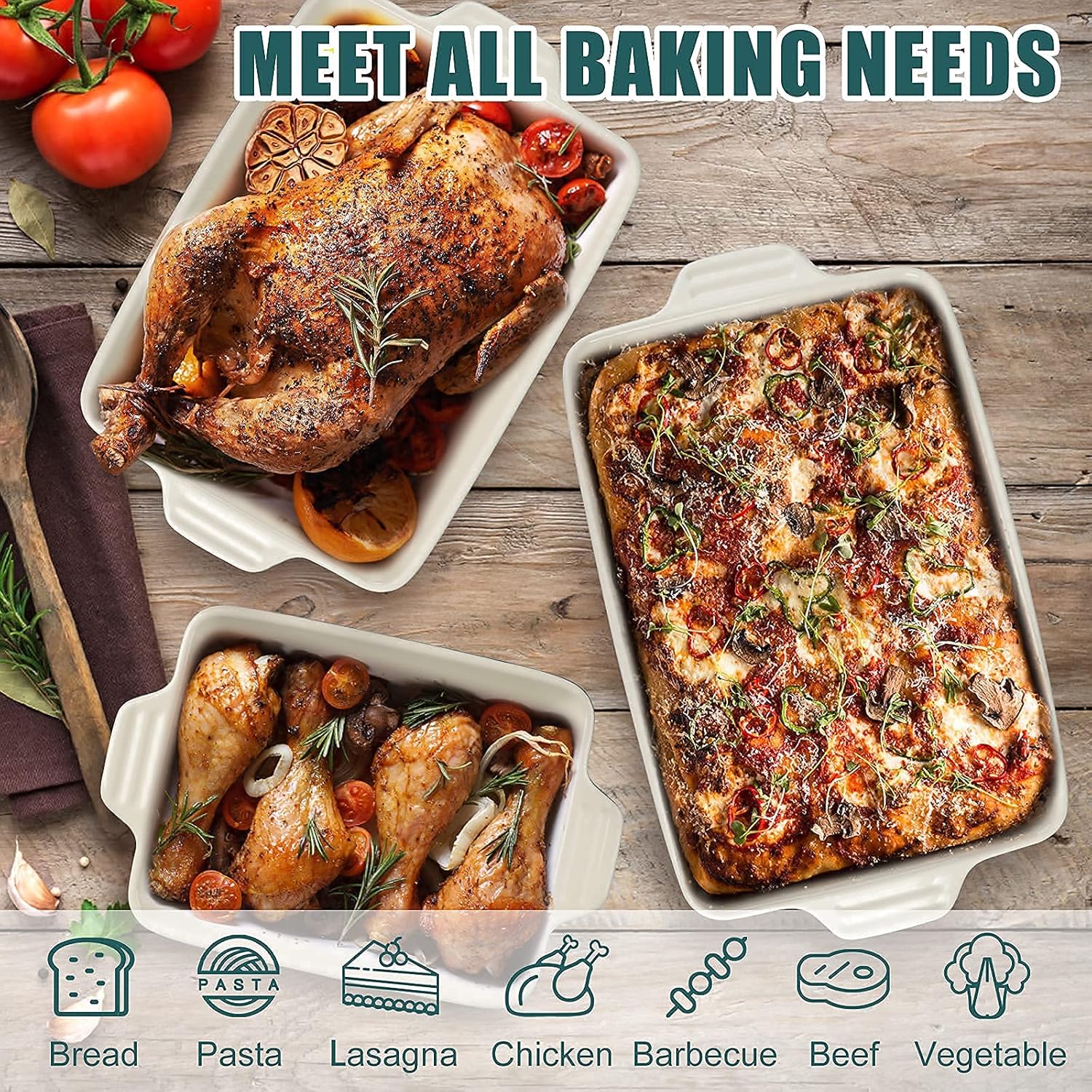 Ceramic Baking Dish Set of 4 Pcs, Rectangular Porcelain Bakeware, 14.7 x 8.5 x 2.6 Inches O7072