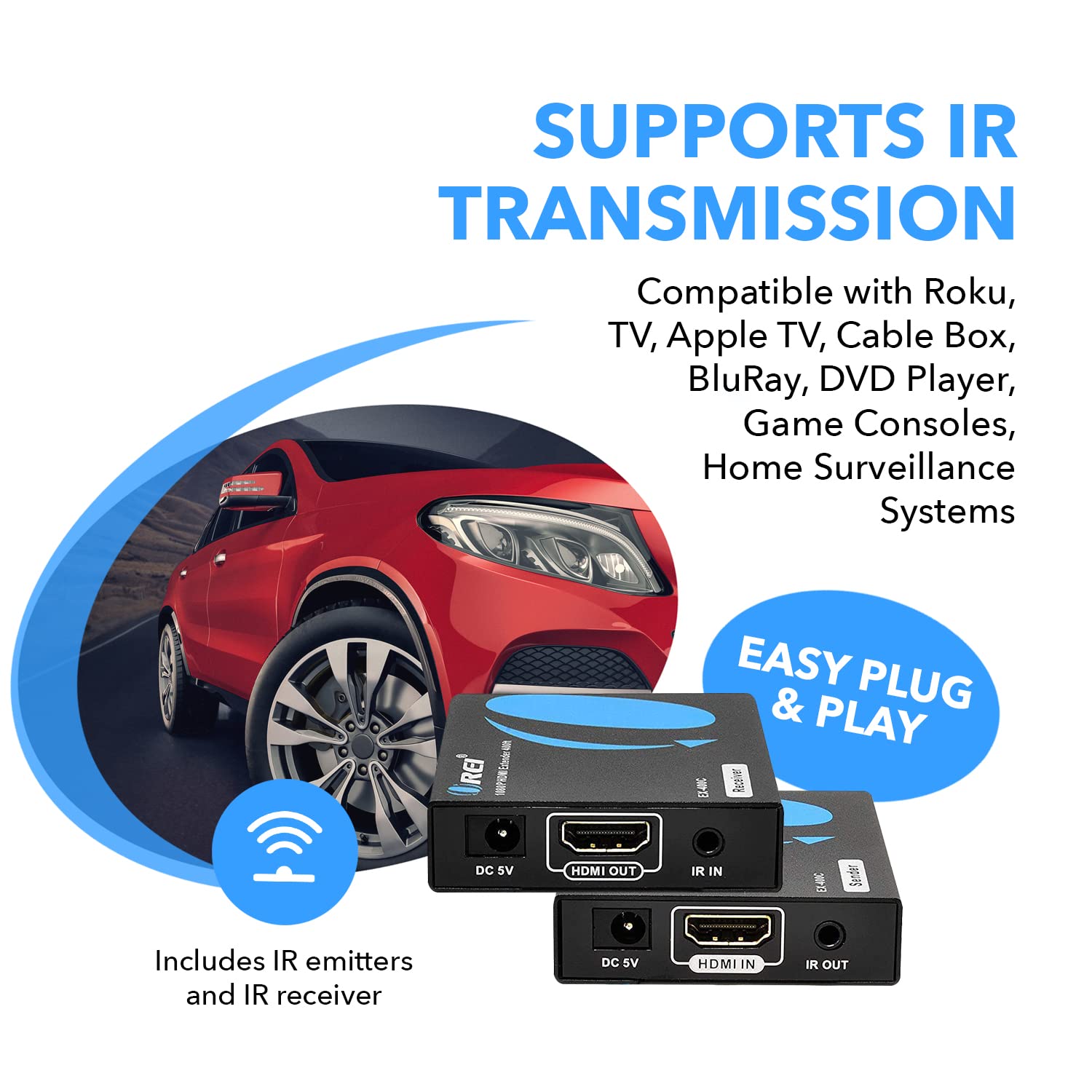HDMI Extender Over LAN Single CAT5e/CAT6A/CAT7 Cable Uncompressed 1080p @ 60Hz with IR Up to 400 Ft Balun Kit Video Transmitter and Receiver A378