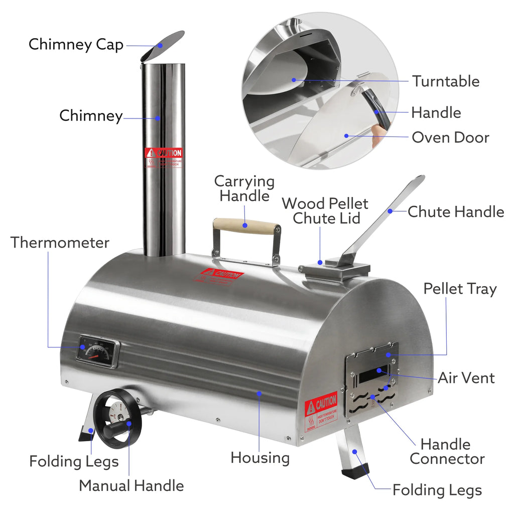 Silver Pizza Oven Portable Stainless Steel Wood Fired Pizza Maker with Built-in Thermometer Carry Bag B577523