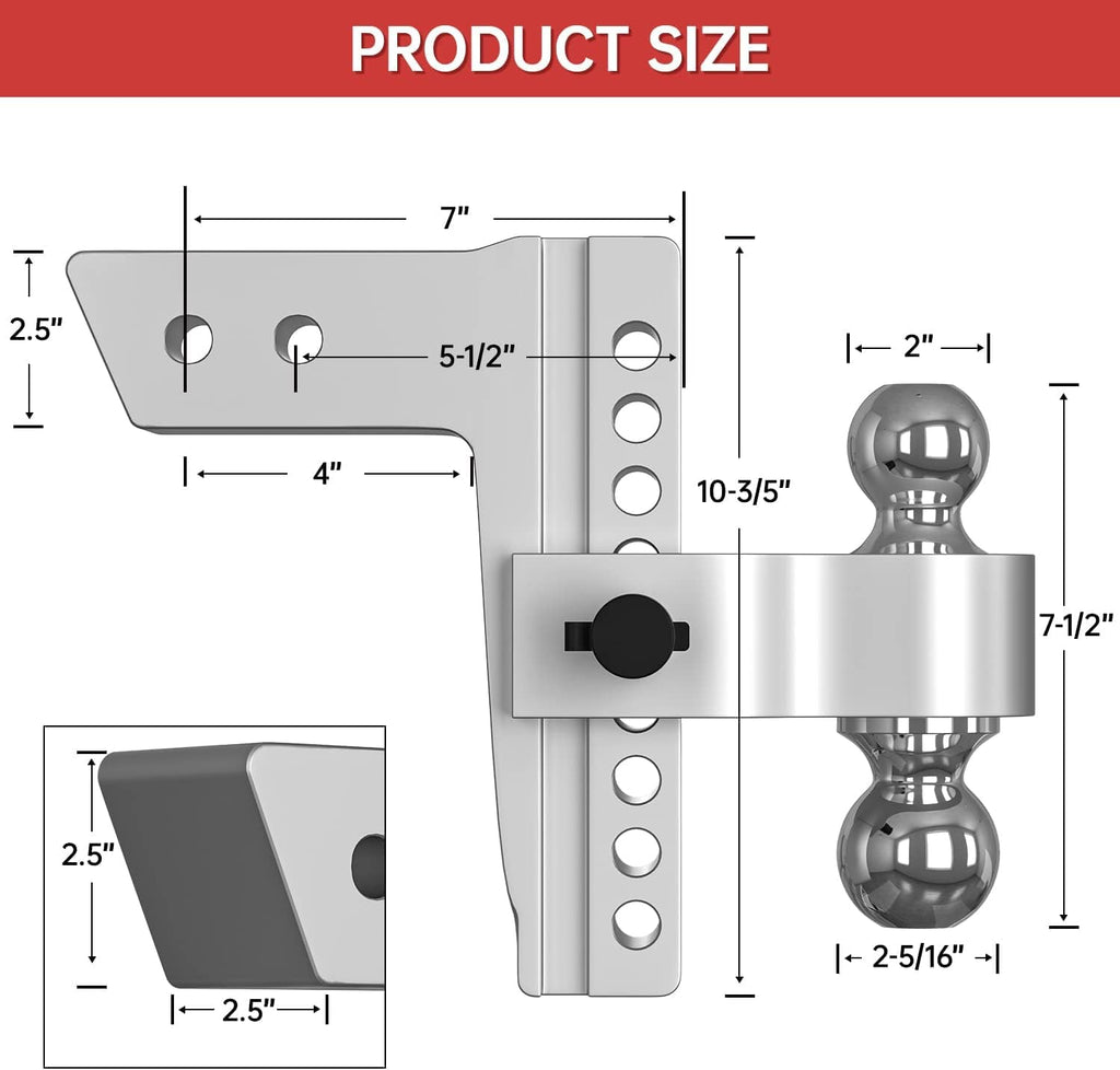 Adjustable Trailer Hitch Ball Mount, 8 Inch Drop, 2.5 Inch Receiver, 18,500 LBS GTW, Forged Aluminum Shank, Dual Balls L313