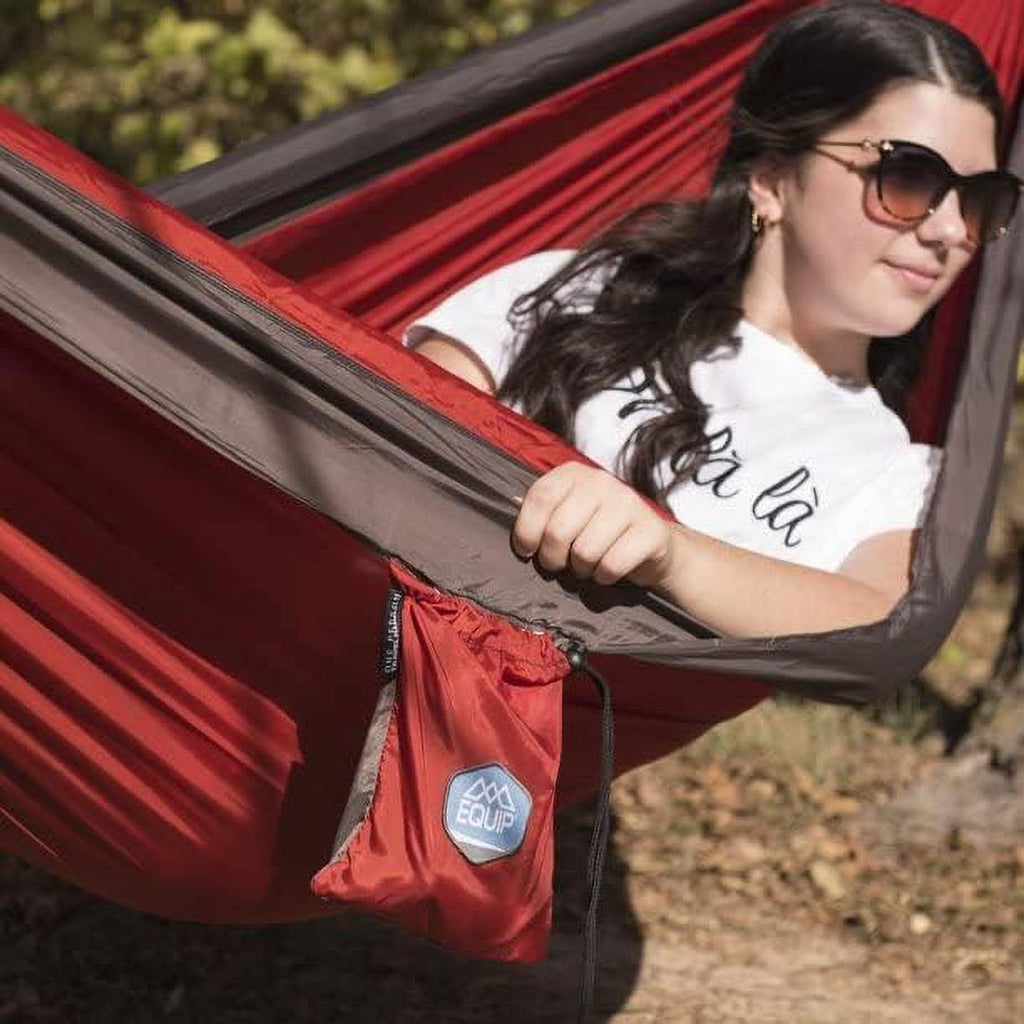 Lightweight Portable Nylon Camping Hammock, 1 Person Red And Taupe B89412