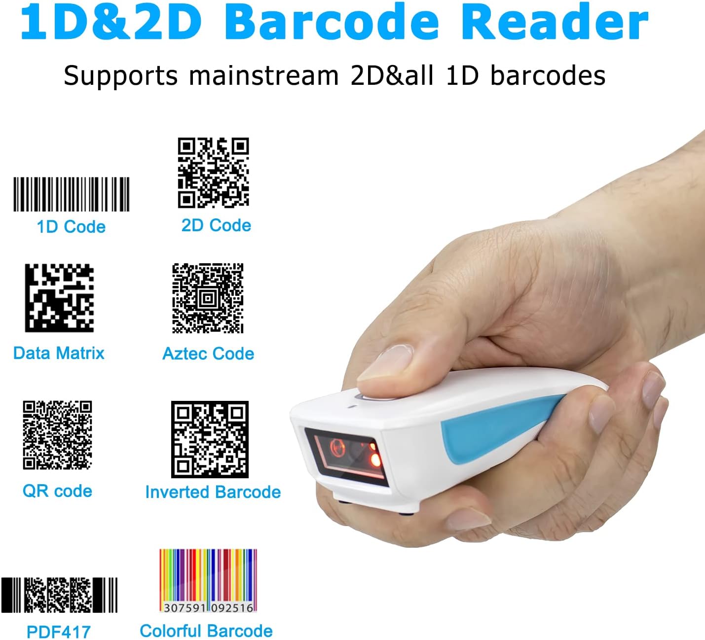 Wireless 2D QR Barcode Scanner, Bluetooth Portable Pocket Small 1D 2D Bar Code Reader, White Pack of 2 I737029