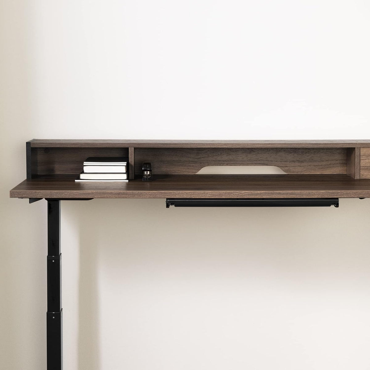 Adjustable Height Standing Desk with Built in Power Bar Natural Walnut, Matte Black Q636490