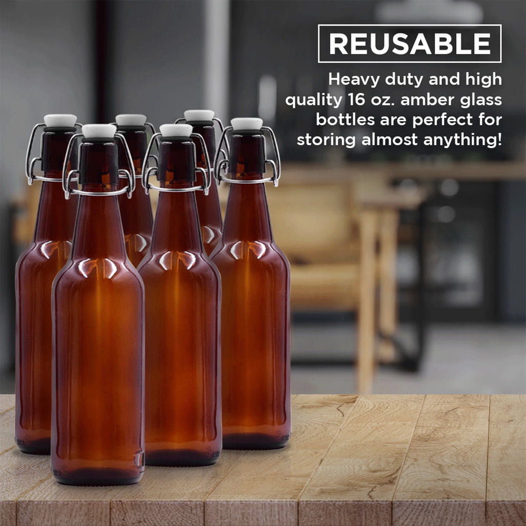 16 oz Amber Glass Beer Bottles with Funnel, Brush and Marker O166701