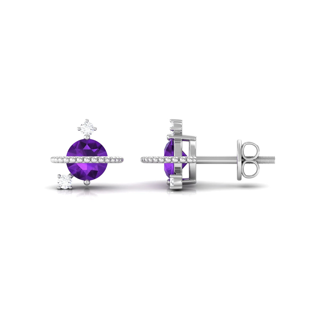 Amethyst Stud Earrings with Diamond, 925 Sterling Silver E468896