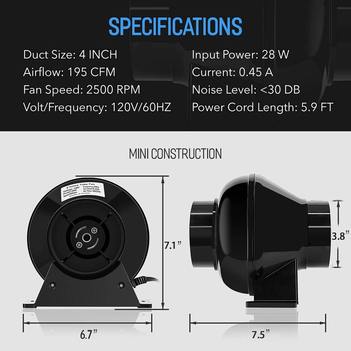 4 Inch 195 CFM Inline Fan with Carbon Filter and 8 Feet Ducting K8844