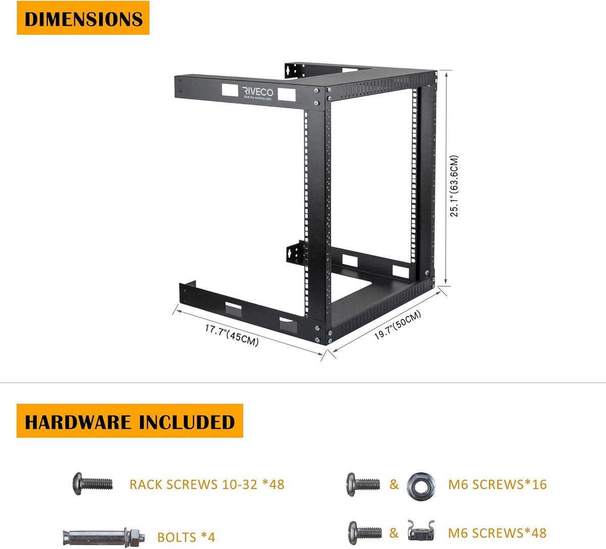 Black 12U 19 Wall Mount Server Rack, 17.7 Deep 2 Post Open Frame Cabinet E6532