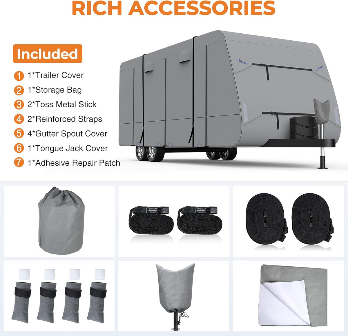 Heavy Duty 5 Layers Anti-UV Camper Cover with 4 Gutter Spout Covers Tongue Jack Cover 2 Windproof Straps P511083