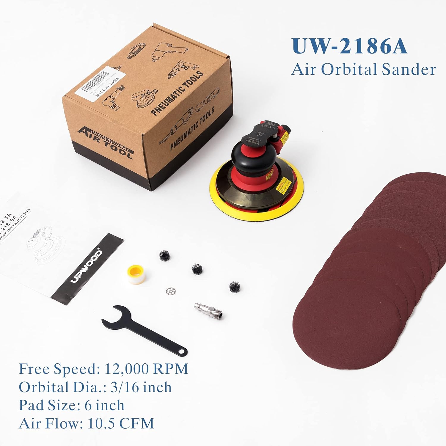 6-inch Air Random Orbital Sander, Pneumatic Sander with 10pcs Sandpapers, Pack of 2 O3783