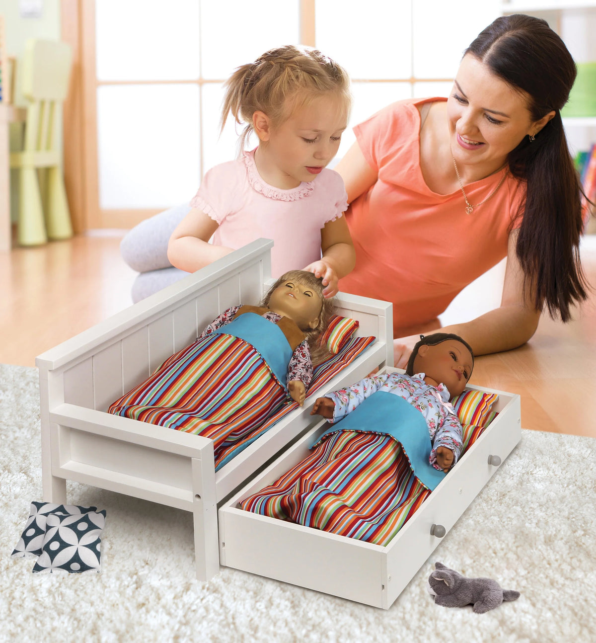 White/Multi Doll Sofa and Daybed Combo with Trundle Bed G7394