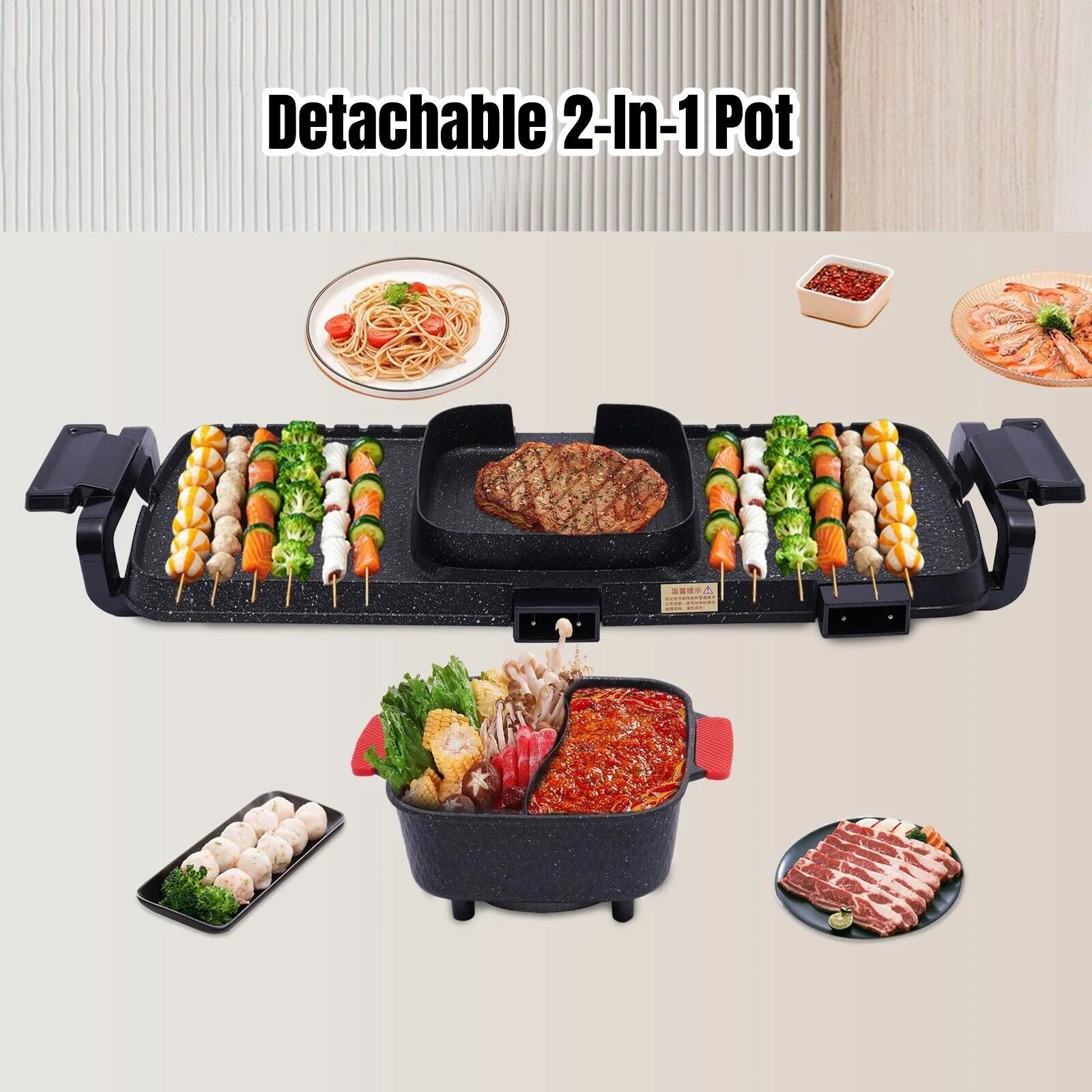 2 In 1 Electric Hotpot Pot with Grill Dual Indoor BBQ Black O107651