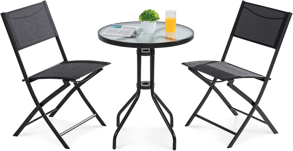 3 Piece Steel Textilene Folding Patio Bistro Set with Glass Table W249