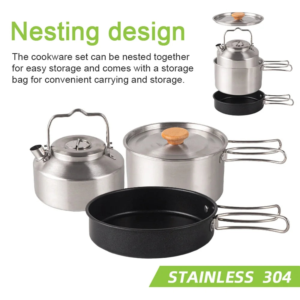 Stainless Steel Camping Cookware Set with Pot Frying Pan Kettle E40642