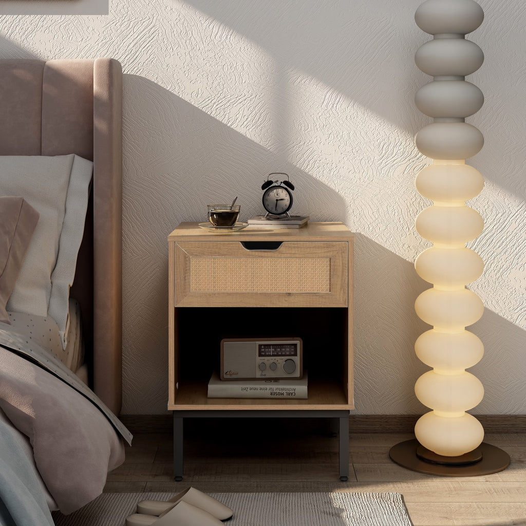 Natural Nightstand with Rattan Door and Open Storage U45102