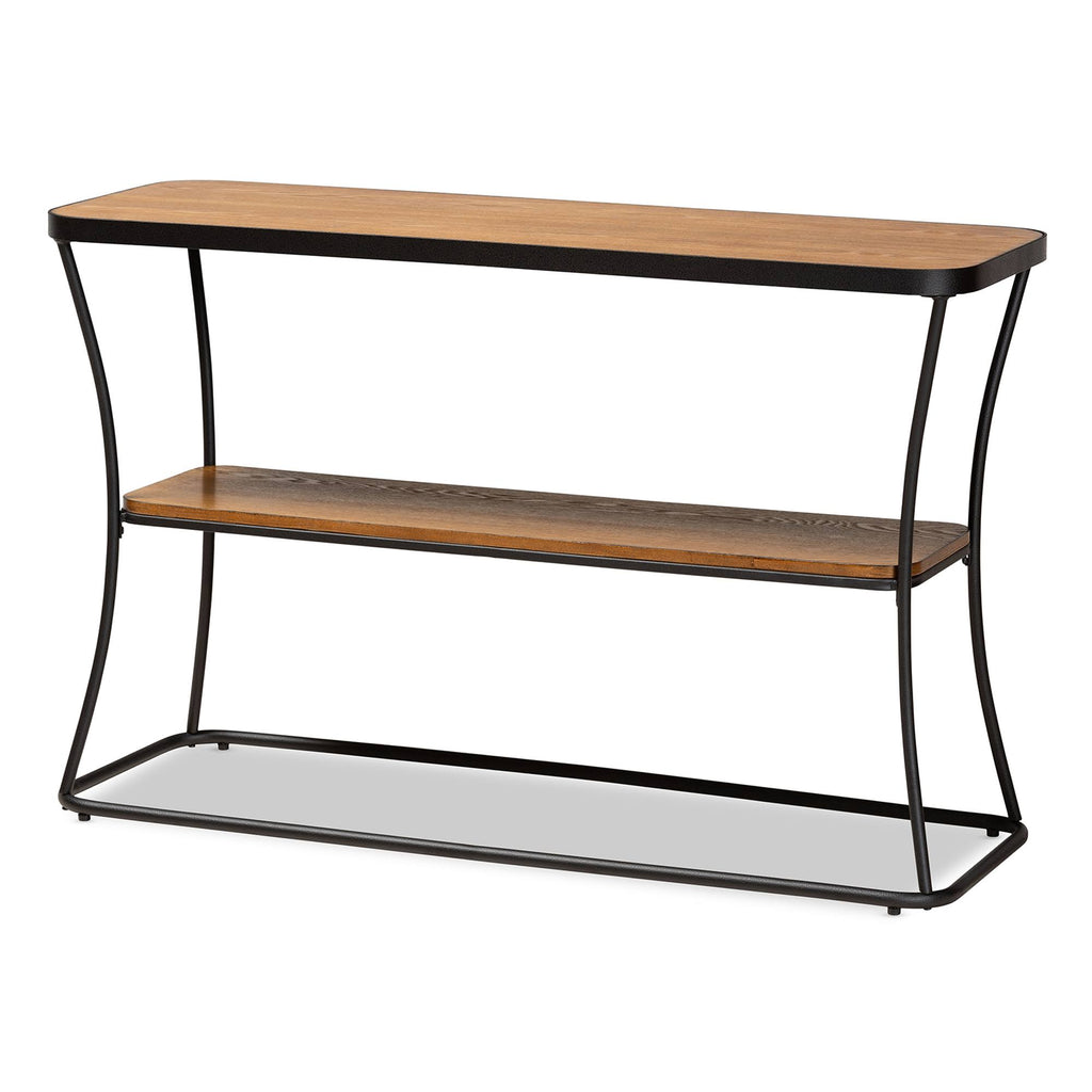 Rustic Industrial Walnut Brown Wood and Black Metal Console Table S547