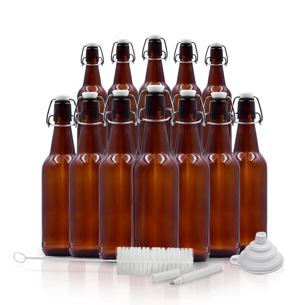 16 oz Amber Glass Beer Bottles with Funnel, Brush and Marker O166701