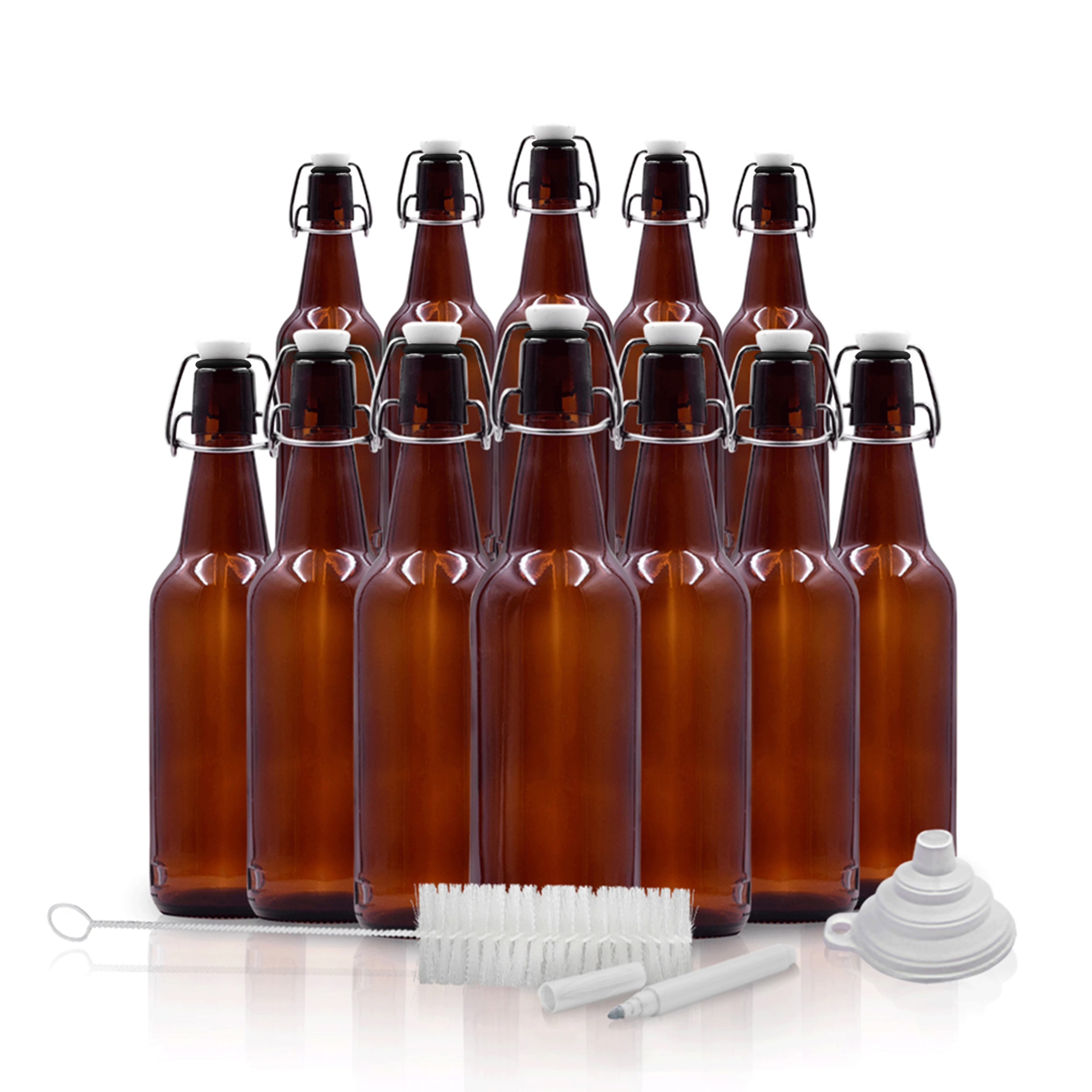 16 oz Amber Glass Beer Bottles with Funnel, Brush and Marker O166701