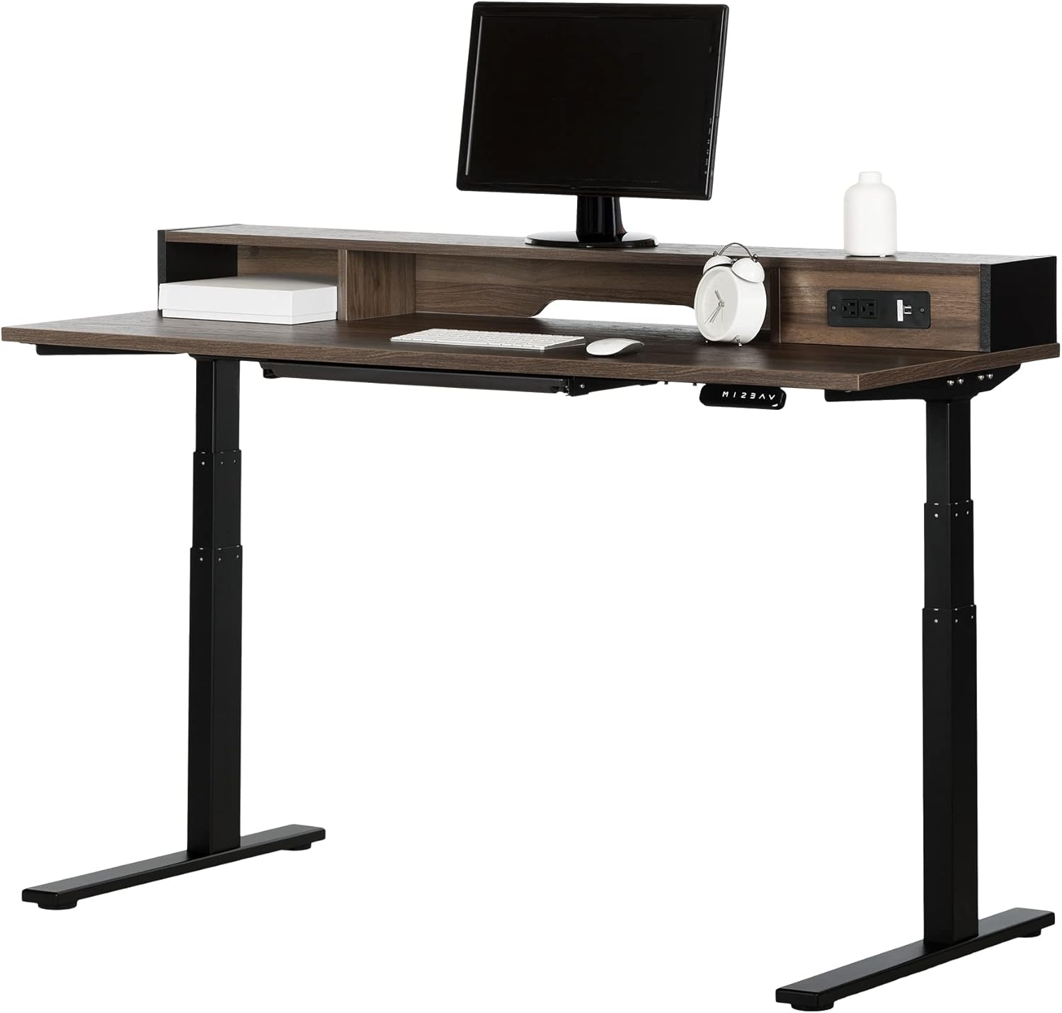 Adjustable Height Standing Desk with Built in Power Bar Natural Walnut, Matte Black Q636490