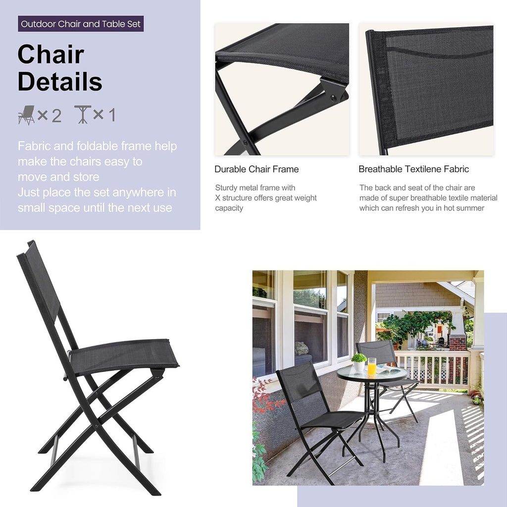 3 Piece Steel Textilene Folding Patio Bistro Set with Glass Table W249