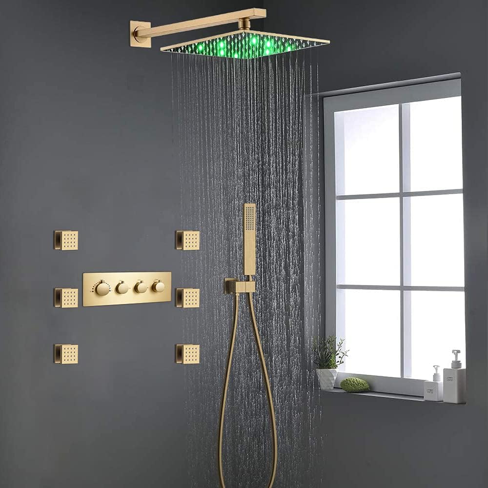 Brushed Gold Wall Mounted 12 Inch LED Rainfall Shower System With 6 PCS Body Jets K3485
