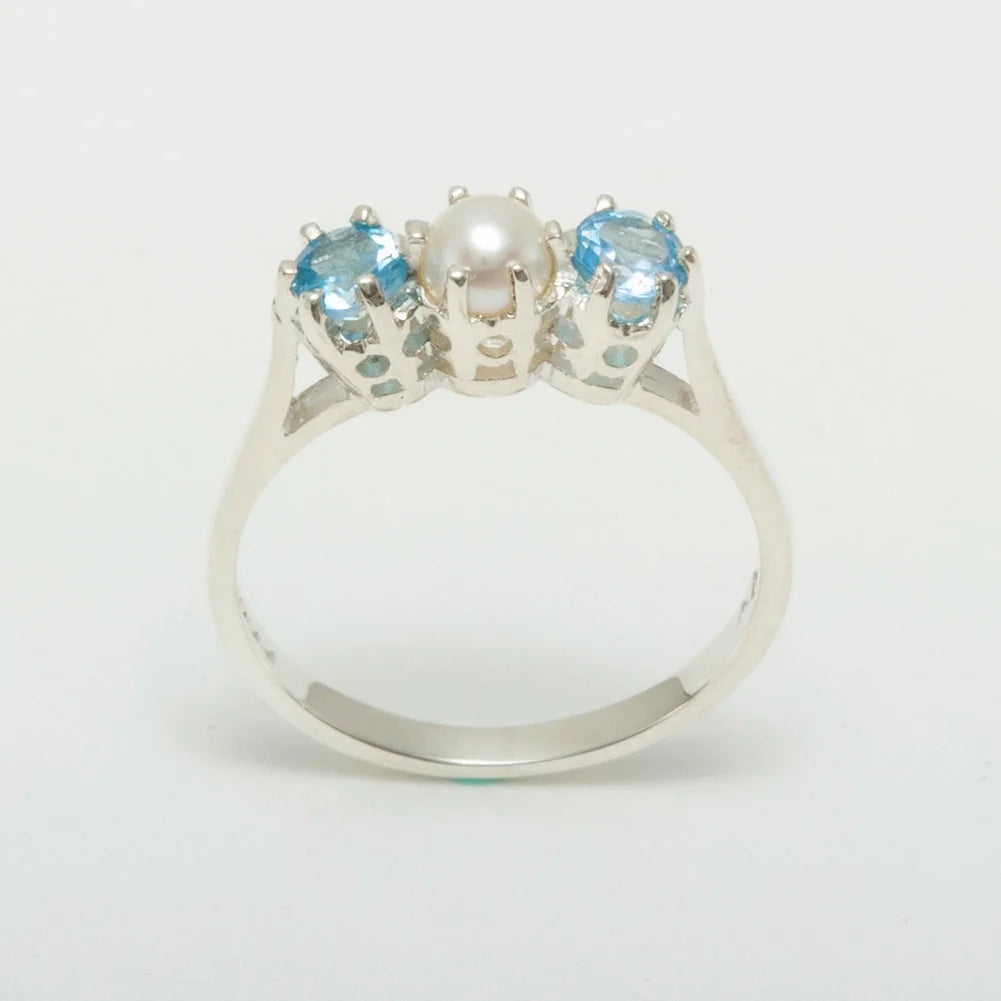925 Sterling Silver Cultured Pearl & Blue Topaz Engagement Ring O92644