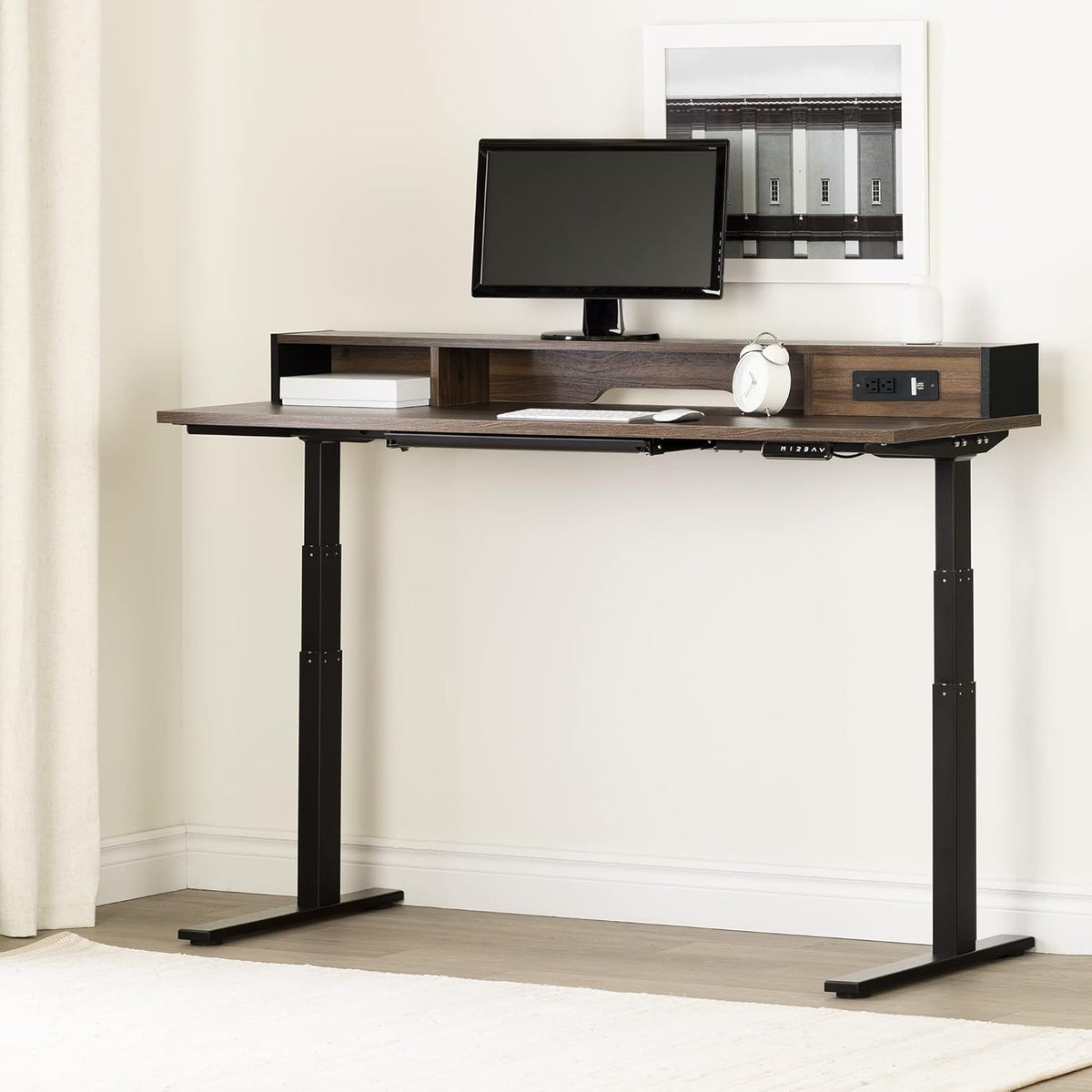 Adjustable Height Standing Desk with Built in Power Bar Natural Walnut, Matte Black Q636490