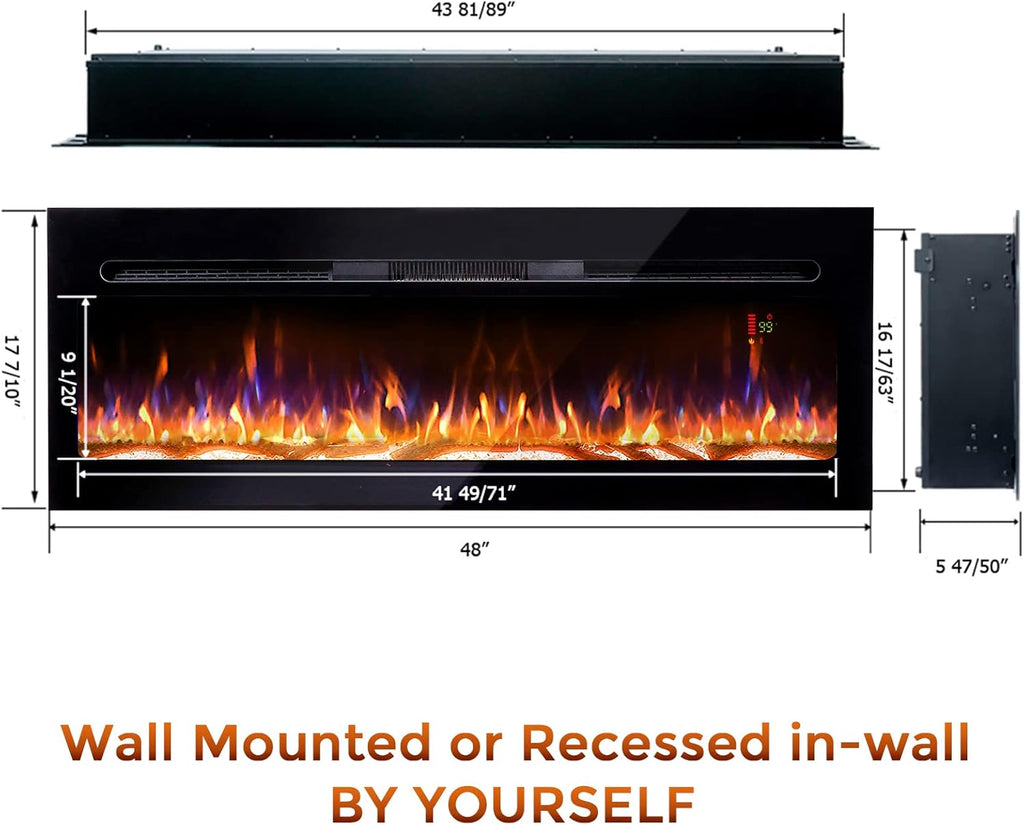 Black 1500W Recessed & Wall Mounted Electric Fireplace with Remote Control N8042