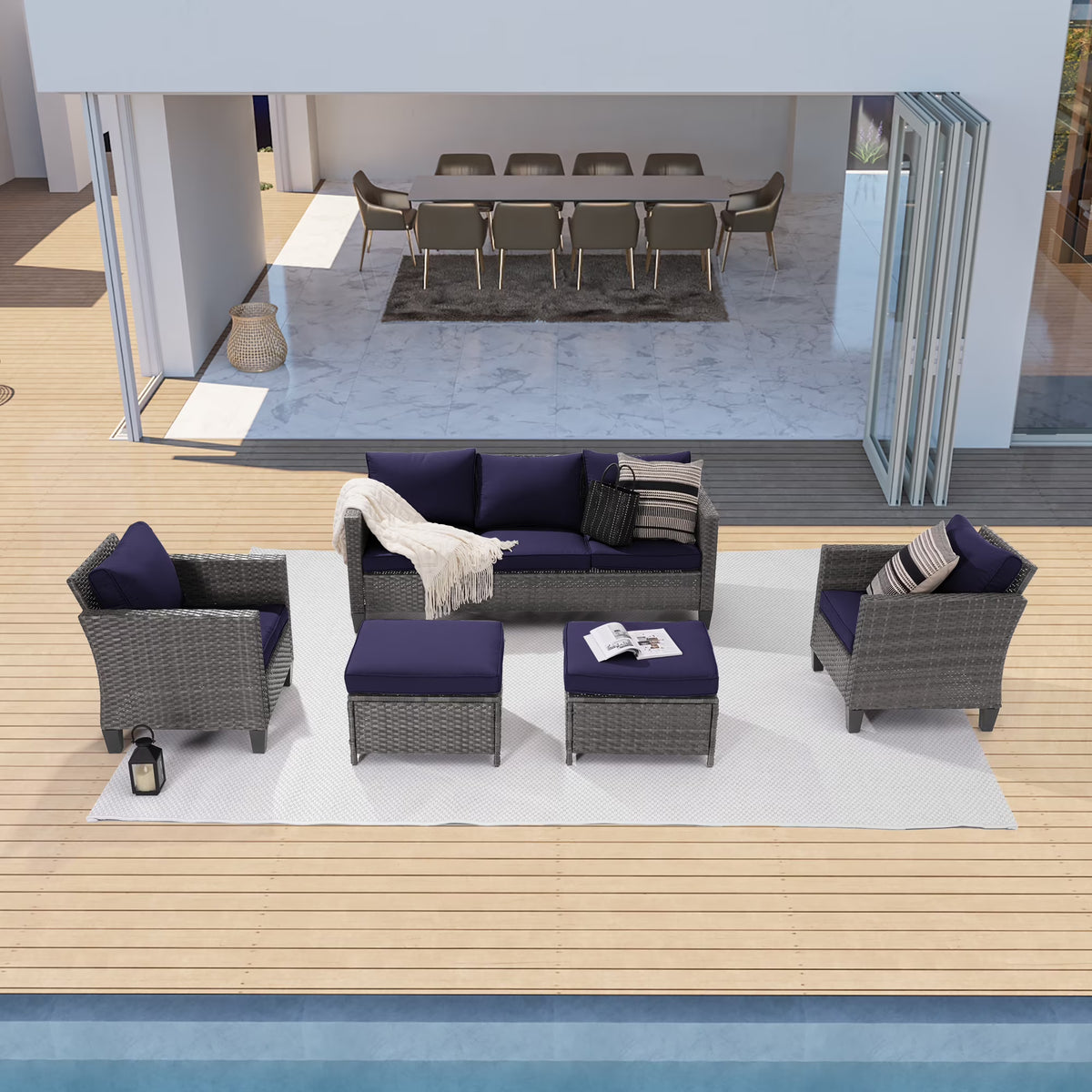 5-Piece Patio Sofa Set Gray Rattan Outdoor Furniture Three-Seat Sofa Ottomans G8636