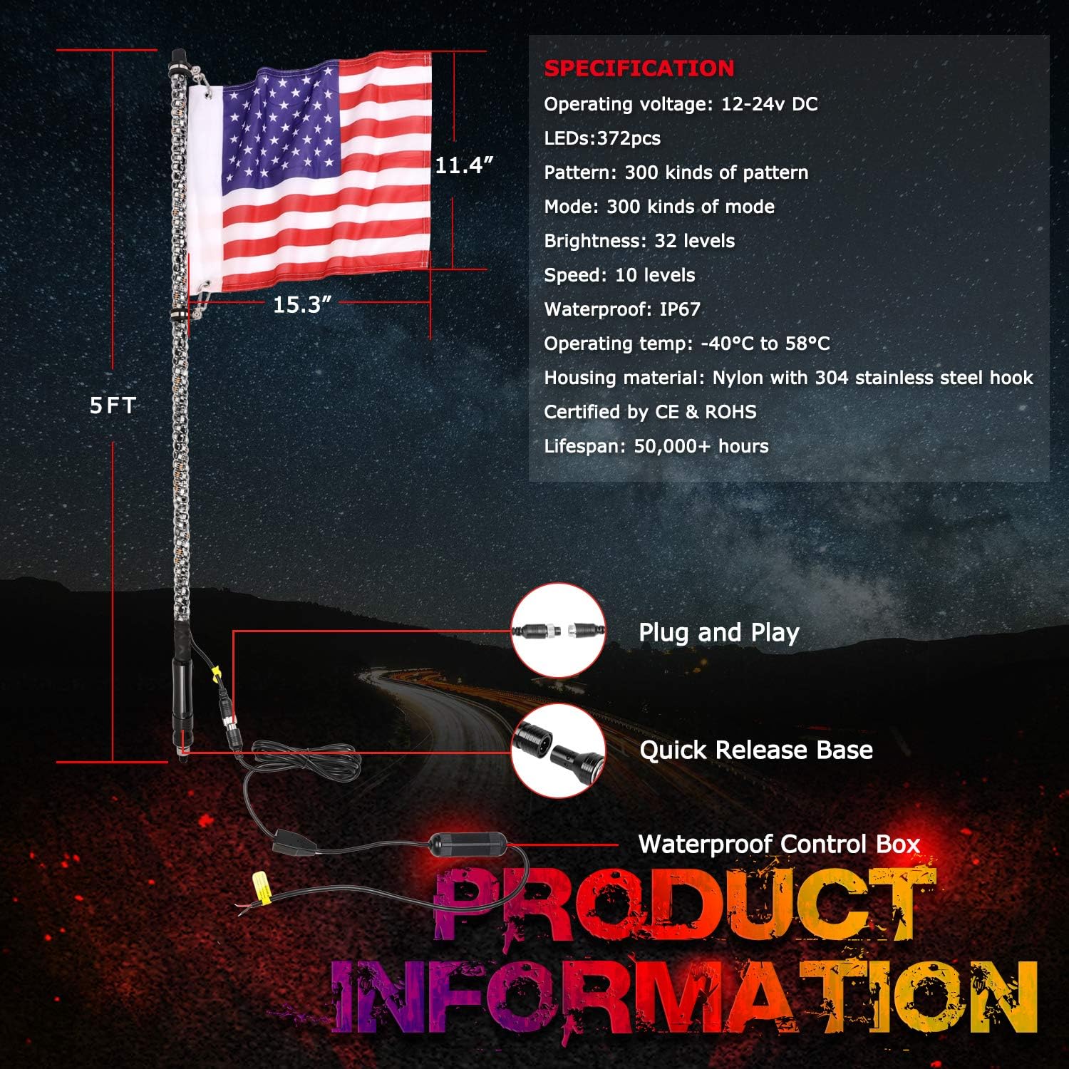 5FT RGB LED Whip Light Antenna Pack of 2 Q548760