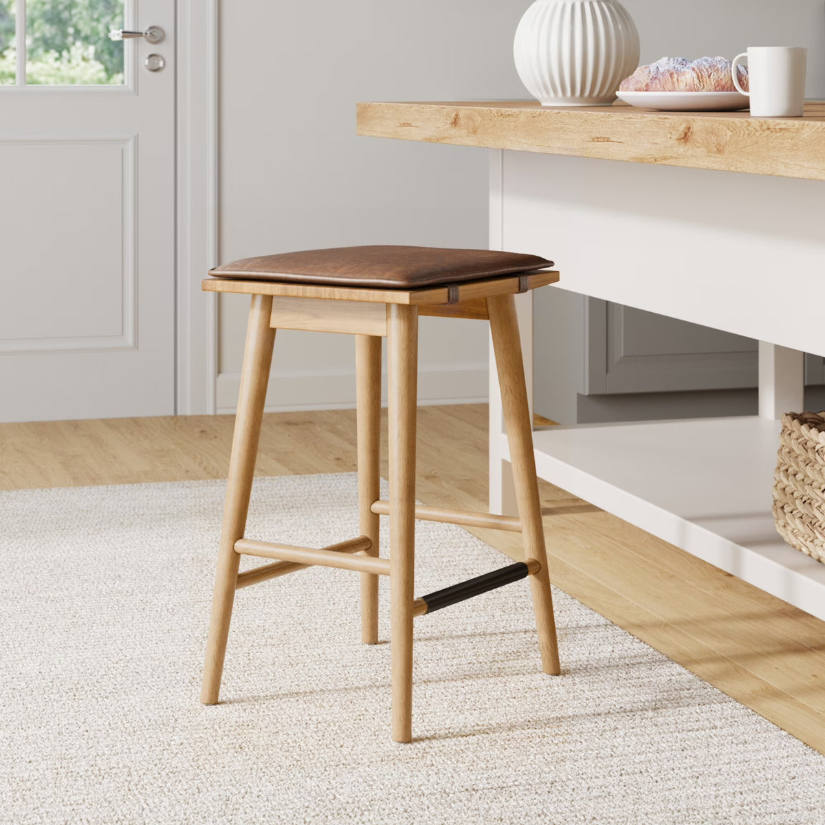 Chestnut Brown Wood Barstool with Leather Removable Cushion T165952