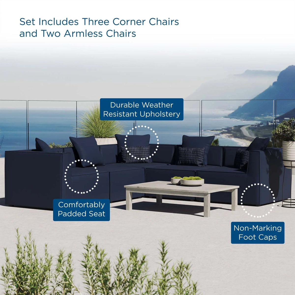 5-Piece Upholstered Sectional Sofa in Navy C550