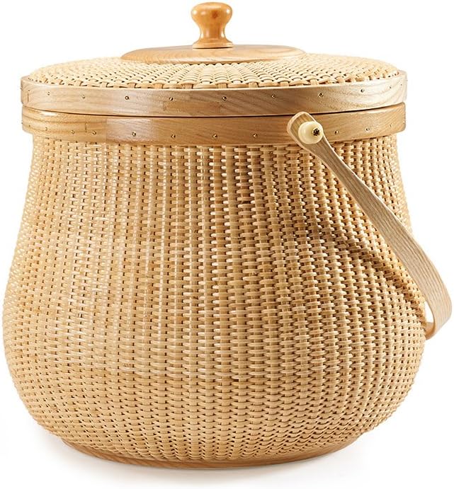 Natural ash wood and cane round baskets with swing handle removable lids X7512