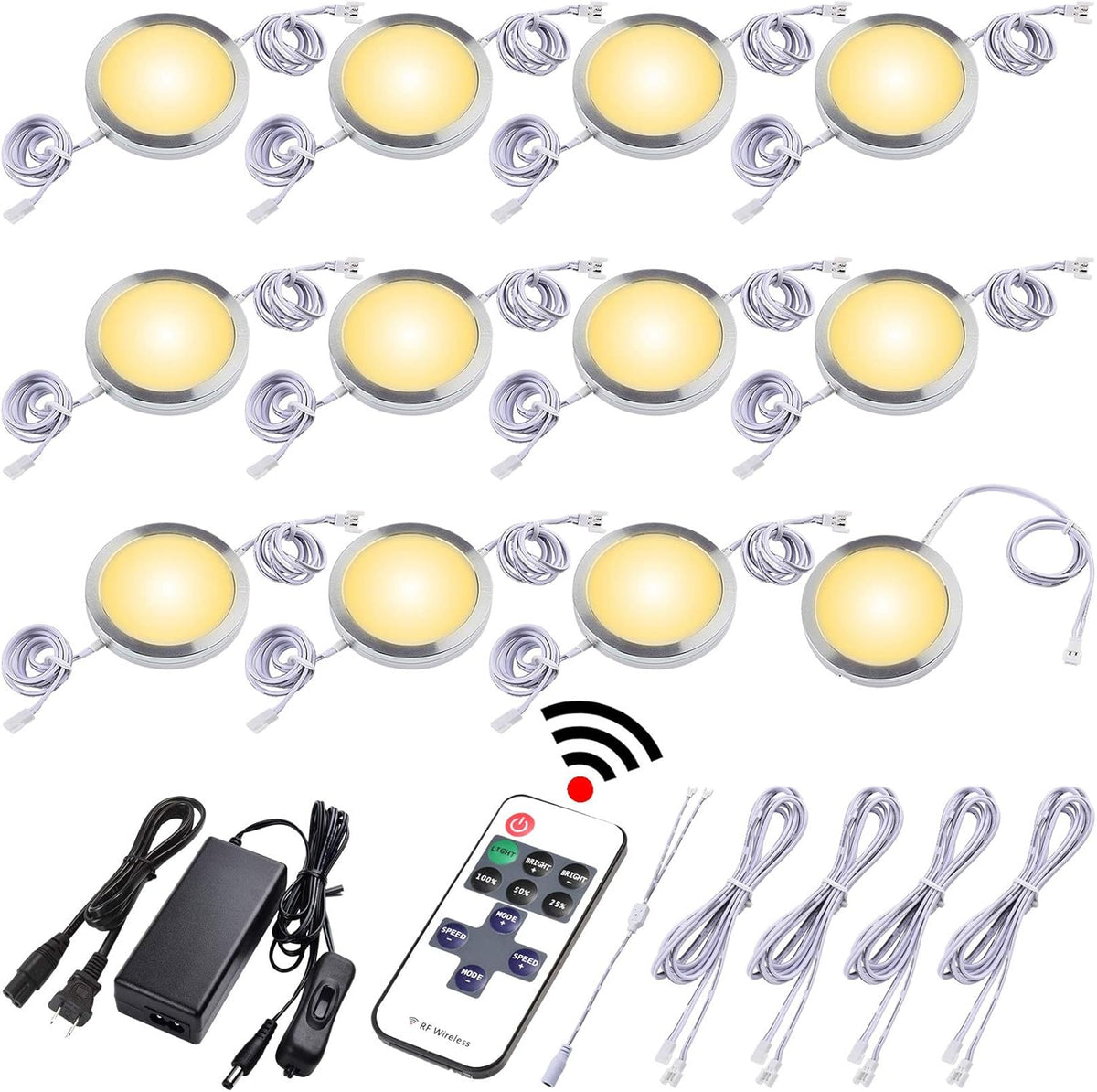 Under Cabinet LED Puck Lights, Dimmable Wireless RF Remote Control, Linkable Wired, AC120V to DC12V, Hardwired or Wall Plug, 14 Lights, Warm White O189635