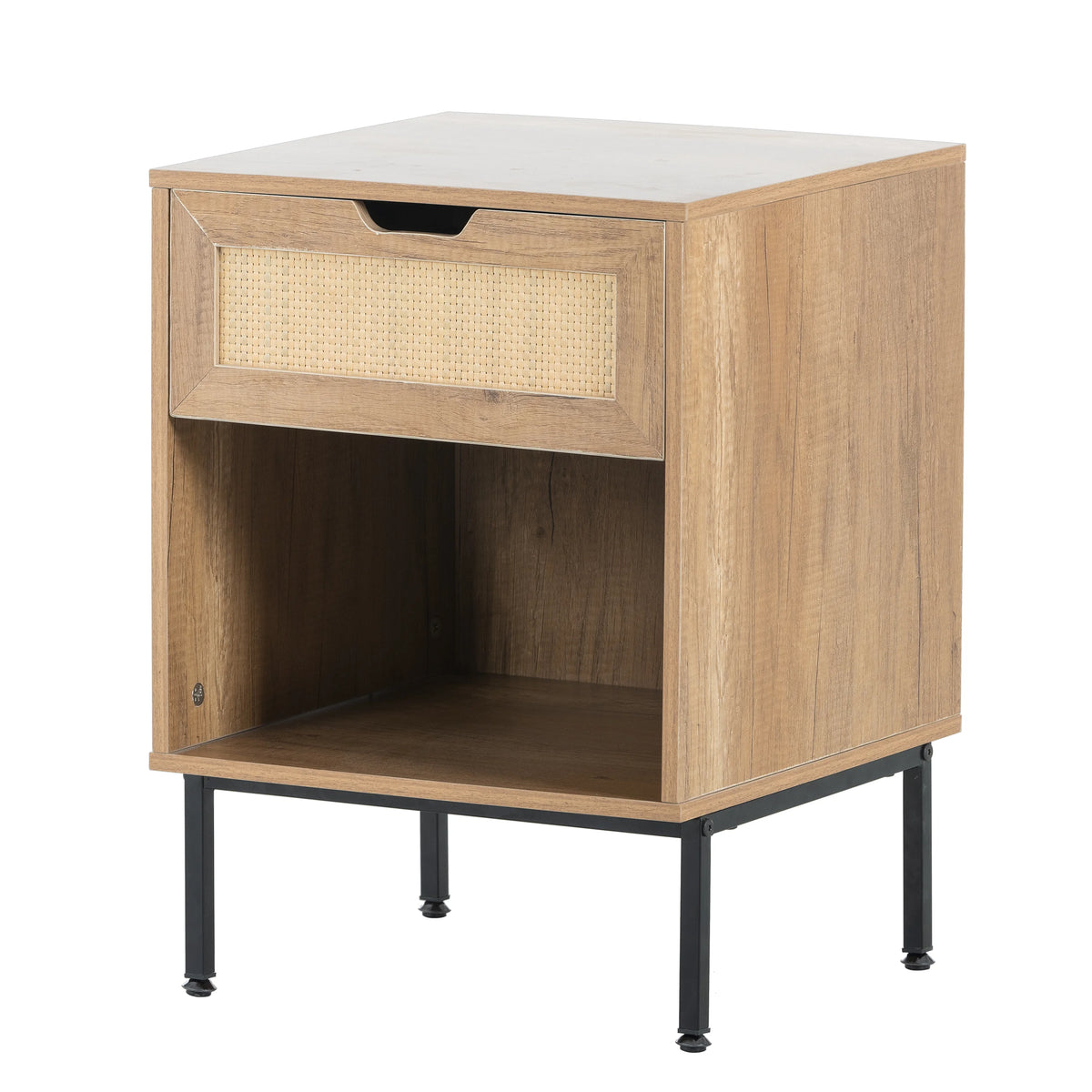 Natural Nightstand with Rattan Door and Open Storage U45102