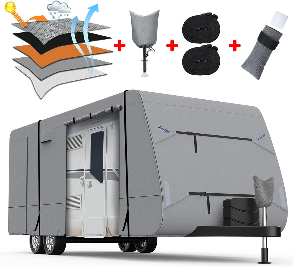 Heavy Duty 5 Layers Anti-UV Camper Cover with 4 Gutter Spout Covers Tongue Jack Cover 2 Windproof Straps P511083