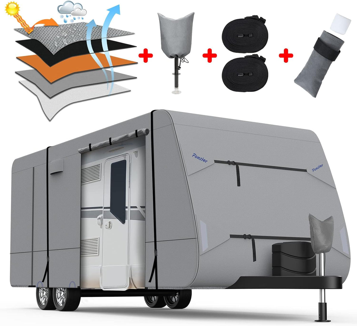 Heavy Duty 5 Layers Anti-UV Camper Cover with 4 Gutter Spout Covers Tongue Jack Cover 2 Windproof Straps P511083
