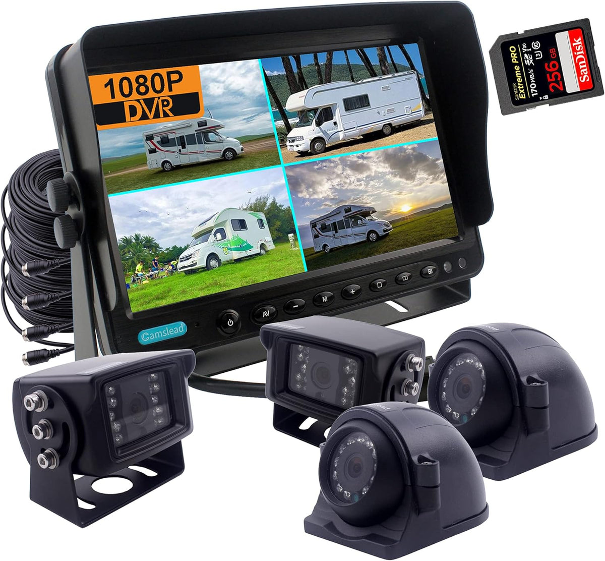 9 inch 1080P Backup Camera System with DVR Recorder, Quad Split Screen, Car Monitor + 2X Waterproof Reversing Cameras + 2X Safety Sides Camera T4297