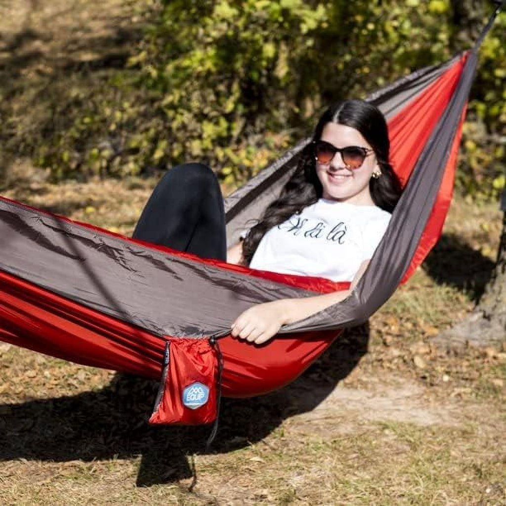 Lightweight Portable Nylon Camping Hammock, 1 Person Red And Taupe B89412