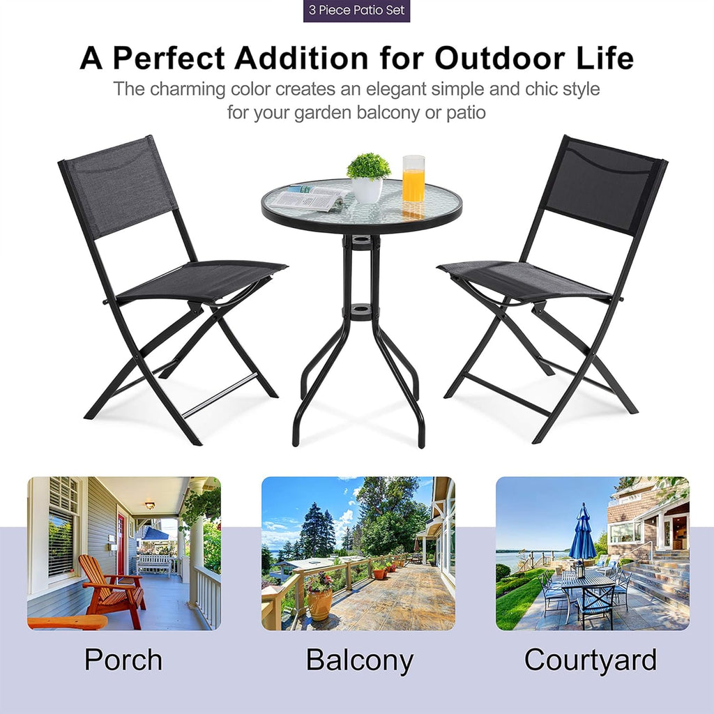 3 Piece Steel Textilene Folding Patio Bistro Set with Glass Table W249