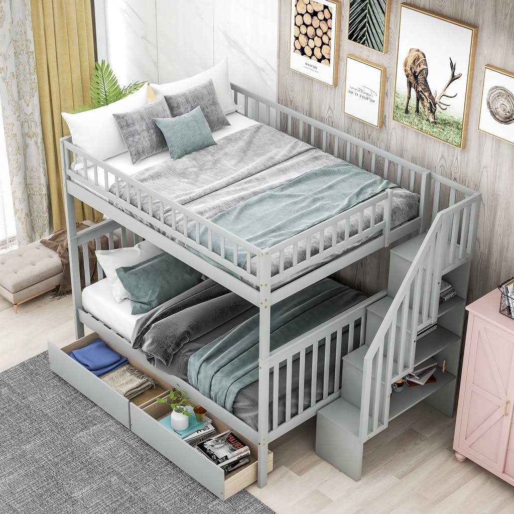 Full Over Full Bunk Bed with Storage Shelves and 2 Under Storage Drawers R2240